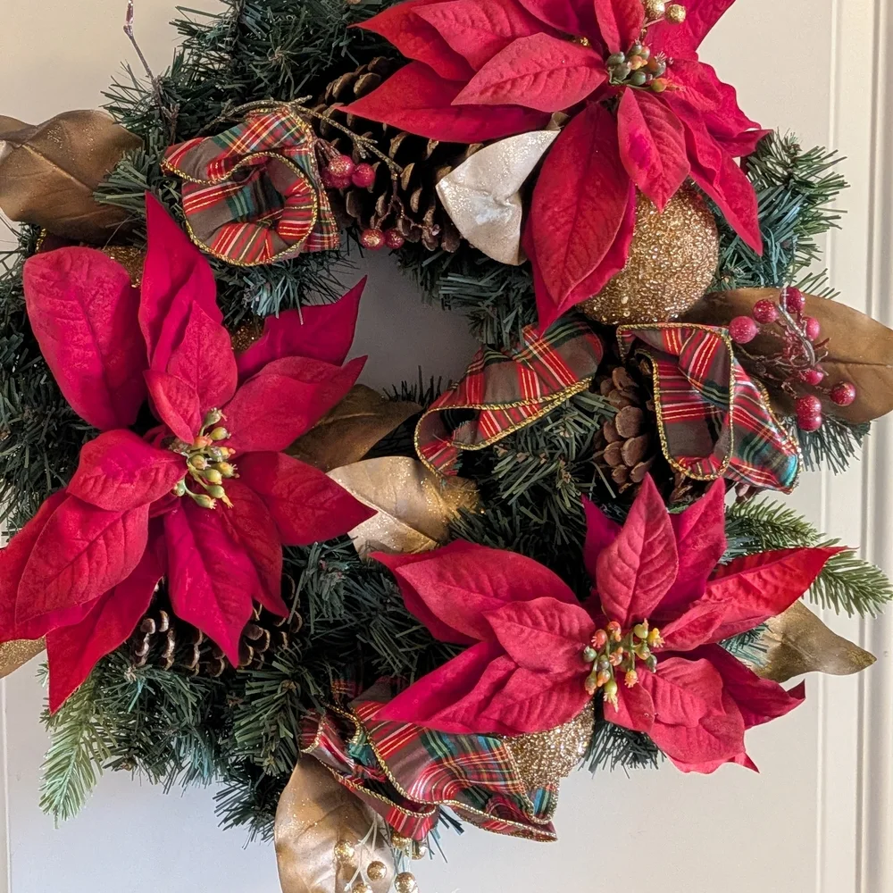 Festive Red and Gold Holiday Wreath